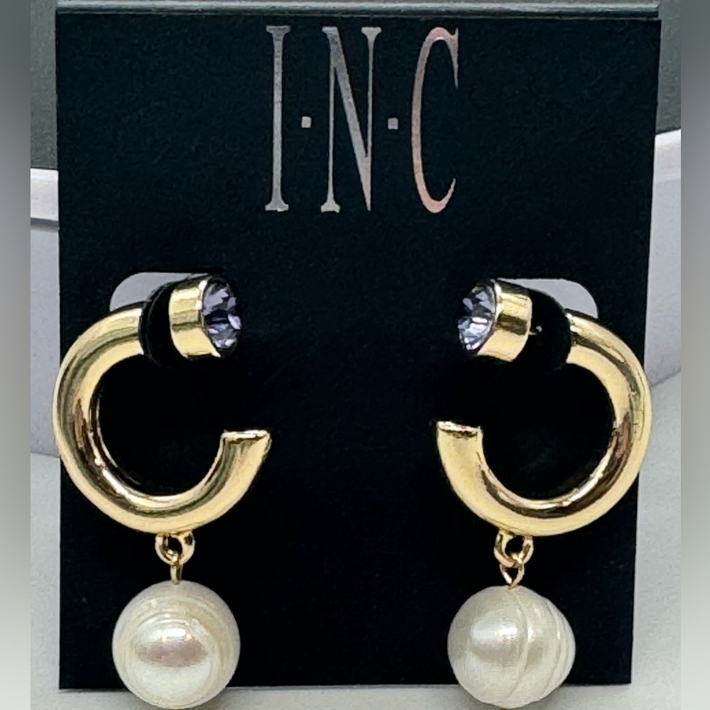 INC Gold Tone Open Hoop with Dangling Faux Pearl Purple Crystal Post Earrings
